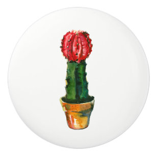 Bouton De Porte En Céramique Cactus Rouge Vert Plante Boho Rustique Sud-Ouest