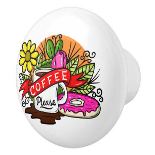 Bouton De Porte En Céramique Café de tatouage coloré et beignets