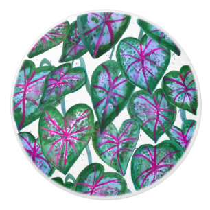 Bouton De Porte En Céramique Caladiums colorés Aquarelle Art Rose Vert