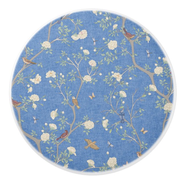 Bouton De Porte En Céramique Camellia Garden Breeze Blue Chinoiserie (Devant)