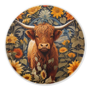 Bouton De Porte En Céramique Campagne rustique Highland Cow Sunflowers
