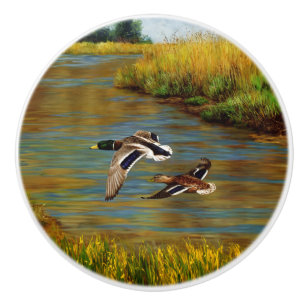 Bouton De Porte En Céramique Canards-Majards Survolant L'Étang