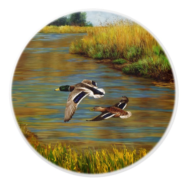Bouton De Porte En Céramique Canards-Majards Survolant L'Étang (Devant)