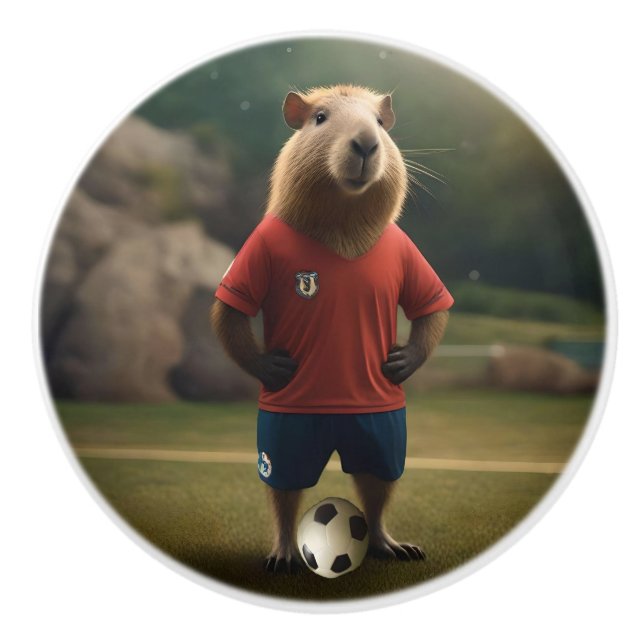 Bouton De Porte En Céramique "Capybara buteur : La star ultime du football !" (Devant)