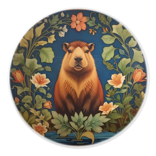Bouton De Porte En Céramique Capybara Élégant - Inspiré de William Morris (Devant)
