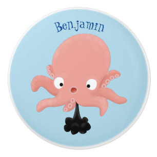 Bouton De Porte En Céramique Caricature de bébé pieuvre rose mignonne humour