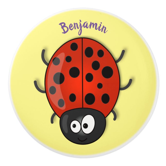 Bouton De Porte En Céramique Caricature de coccinelle rouge joyeux (Devant)