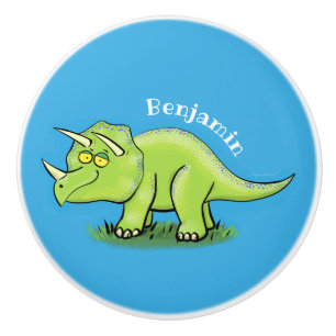 Bouton De Porte En Céramique Caricature de dinosaure de triceratops vert mignon