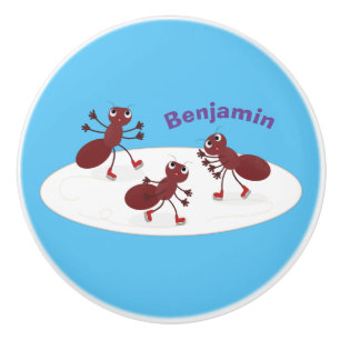 Bouton De Porte En Céramique Caricature de patinage sur glace de Happy red four