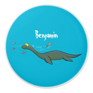 Bouton De Porte En Céramique Caricature de plesiosaure, monstre marin mignon et