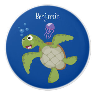 Bouton De Porte En Céramique Caricature joyeuse de tortue de mer verte mignonne