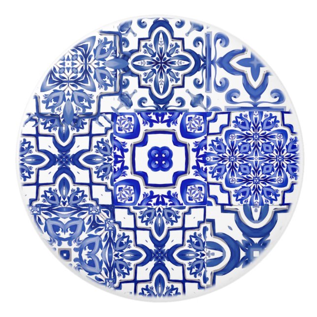 Bouton De Porte En Céramique Carreaux bleus, mosaïque, majolica, (Devant)