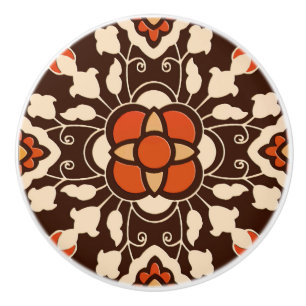 Bouton De Porte En Céramique Carrelage Floral marocain, Brown, Rust et Beige