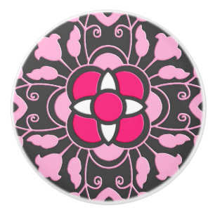 Bouton De Porte En Céramique Carrelage Floral marocain, Fuchsia rose & gris / G