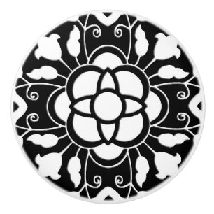 Bouton De Porte En Céramique Carrelage marocain floral, noir et blanc