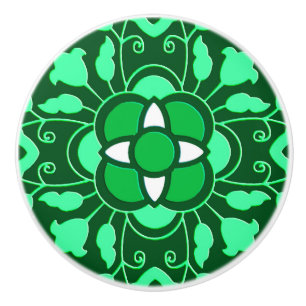 Bouton De Porte En Céramique Carrelage marocain floral, vert Jade clair et fonc