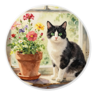 Bouton De Porte En Céramique Cat and Flower Themed