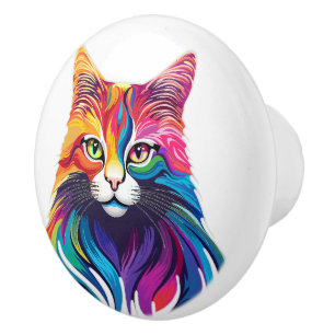 Bouton De Porte En Céramique Cat Maine Portrait Coon Couleurs arc-en-ciel