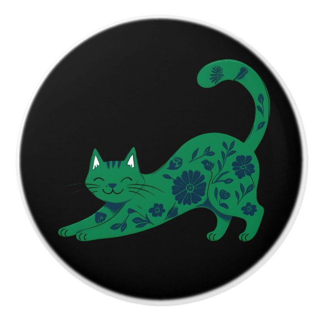 Bouton De Porte En Céramique Ceramic Pull Green Floral Cat (Devant)