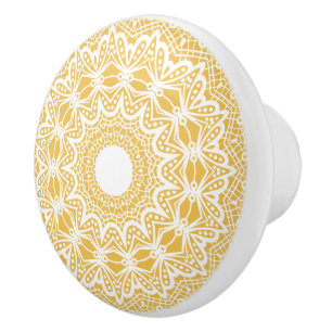 Bouton De Porte En Céramique Cercle de dentelle florale jaune et blanc