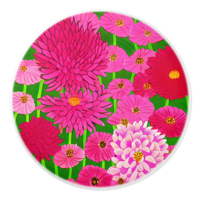 Bouton De Porte En Céramique Cercle de fleurs, Chrysanthèmes rose Fuchsia (Devant)