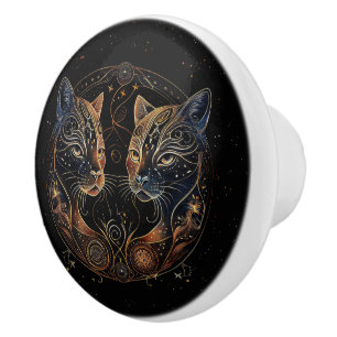 Bouton De Porte En Céramique Cercle Félin Artistique Chats Jumeaux