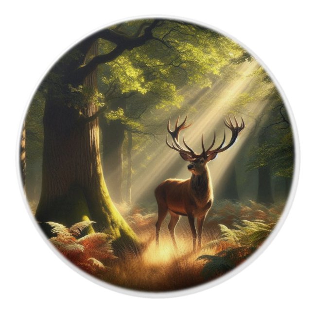 Bouton De Porte En Céramique Cerf dans la forêt matinale (Devant)