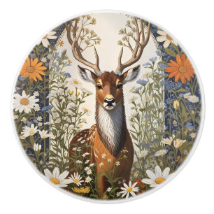 Bouton De Porte En Céramique Cerf parmi les fleurs de marguerite