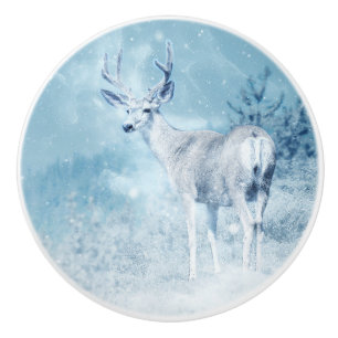 Bouton De Porte En Céramique Cerfs et pins d'hiver