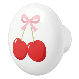 Bouton De Porte En Céramique Cerises Rouges avec Nœud Rose Coquette Cottage Chi