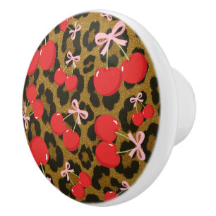 Bouton De Porte En Céramique Cerises Rouges avec Nœud Rose Imprimé Léopard Coqu
