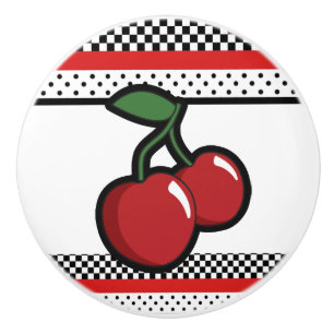 Bouton De Porte En Céramique Cerises Rouges Décor Retro Glam Personnalisé Noir
