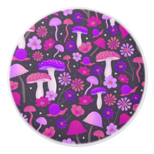Bouton De Porte En Céramique Champignons Trippy Psychédélique violet, rose et n