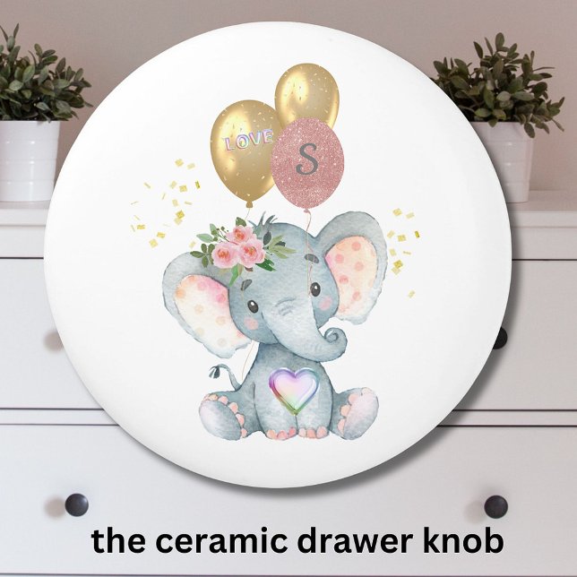 Bouton De Porte En Céramique Charmante fille Eléphant Ballons rose Coeur (Créateur téléchargé)
