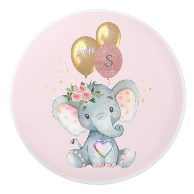 Bouton De Porte En Céramique Charming Elephant Initial Heart Love Drag (Devant)