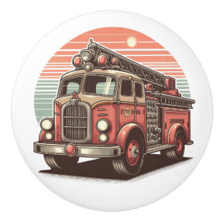 Bouton De Porte En Céramique Charming Retro Vintage Fire Truck at Sunset