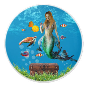 Bouton De Porte En Céramique Chasse au trésor sous-marin Sirène Imaginaire bleu