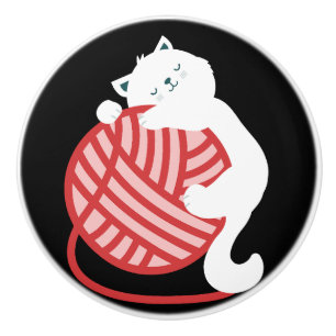Bouton De Porte En Céramique Chat blanc mignon avec boule de fil