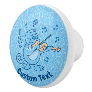 Bouton De Porte En Céramique Chat Bleu avec Violon Ceramic Knob