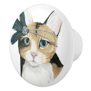 Bouton De Porte En Céramique Chat de Downton incrusté de bijoux avec des