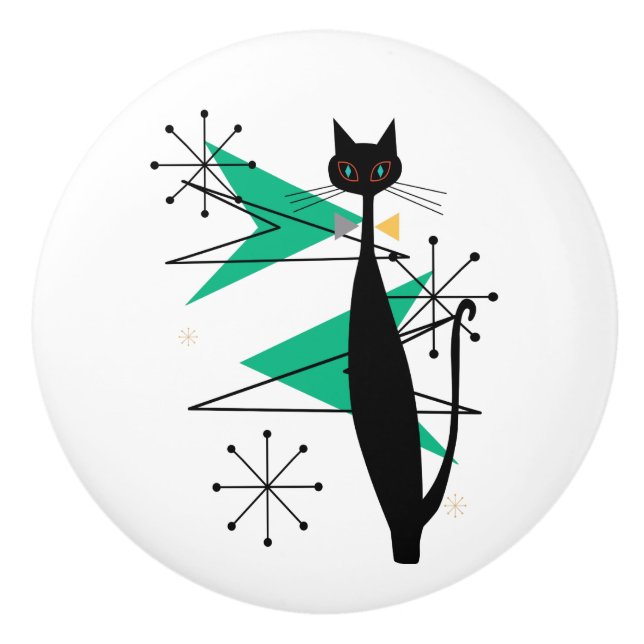 Bouton De Porte En Céramique Chat frais moderne de la rétro moitié du siècle (Devant)