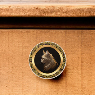 Bouton De Porte En Céramique Chat Longhair Doré Encadré Dans Damas