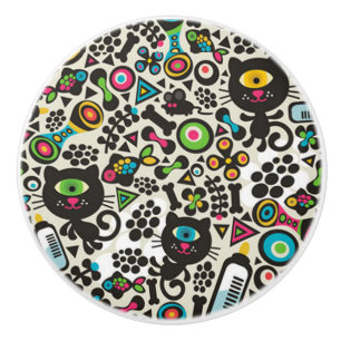 Bouton De Porte En Céramique Chat noir à un oeil