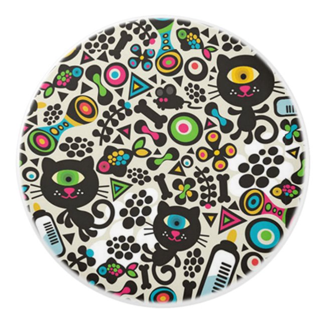 Bouton De Porte En Céramique Chat noir à un oeil (Devant)