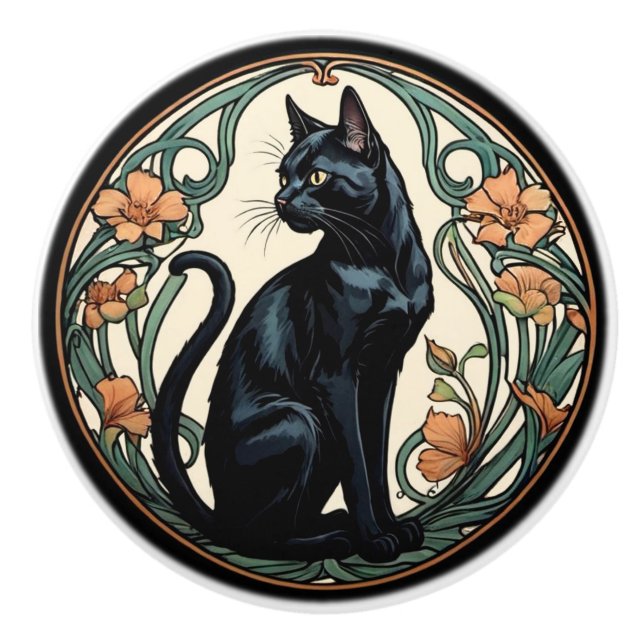 Bouton De Porte En Céramique Chat noir Art Nouveau (Devant)