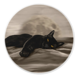 Bouton De Porte En Céramique Chat noir au frais
