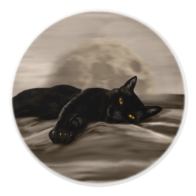 Bouton De Porte En Céramique Chat noir au frais (Devant)