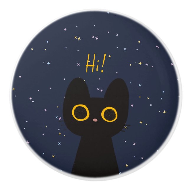 Bouton De Porte En Céramique Chat noir mignon (Devant)