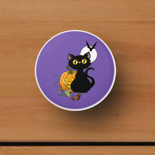 Bouton De Porte En Céramique Chat noir mignon violet Halloween citrouille effra