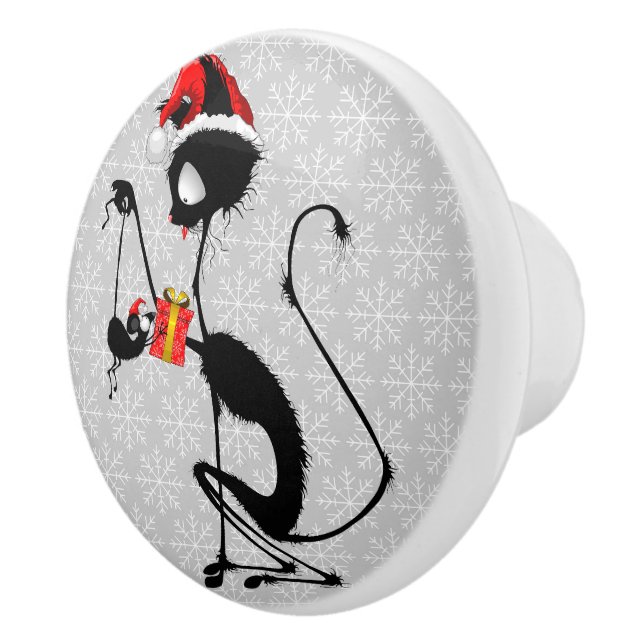 Bouton De Porte En Céramique Chat Père Noël et souris avec cadeau de Noël (Droite)